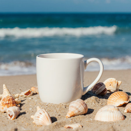 Cup of coffee with seashells on the sand near the seaの素材