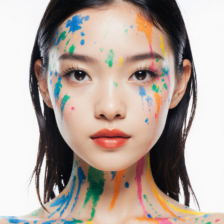 young pretty asian woman with multicolor paint on face isolated on white close upの素材