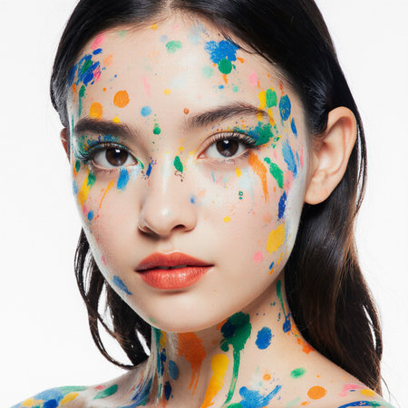 Portrait of beautiful Asian woman with multicolored paint on faceの素材