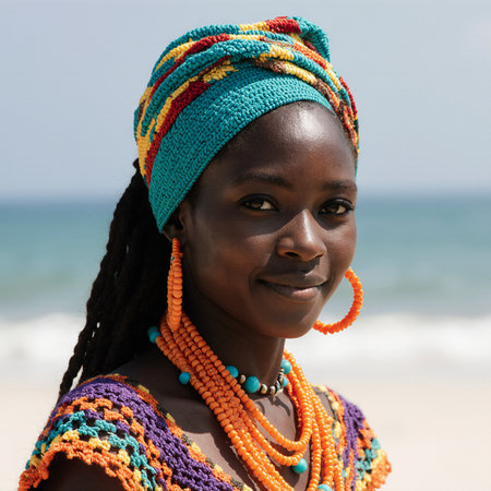 Portrait of a beautiful African woman with braids and beads on the beachの素材