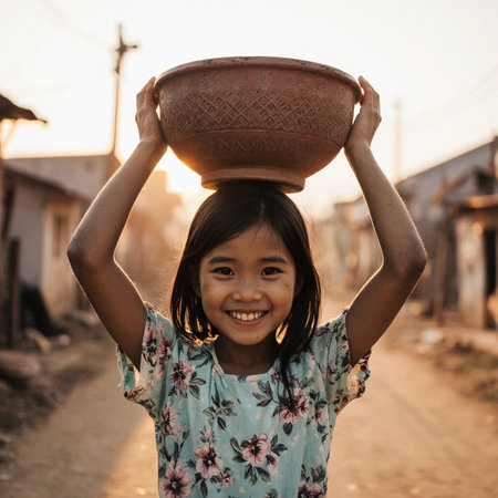 Portrait of a little Asian girl holding a clay pot.の素材