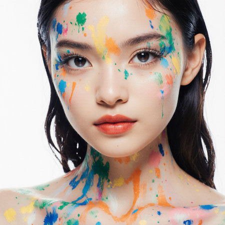 Beauty portrait of young Asian woman with multicolor paint on faceの素材