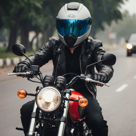 Motorcyclist in black leather jacket and blue helmet on his motorcycle.の素材