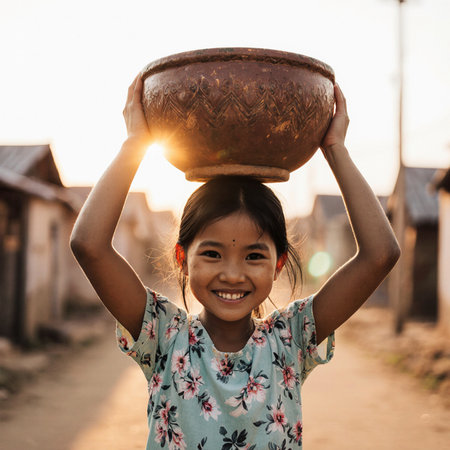 Little asian girl holding a clay pot in her hands on sunsetの素材