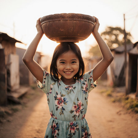 Happy asian girl holding a clay bowl in her hands and smiling.の素材