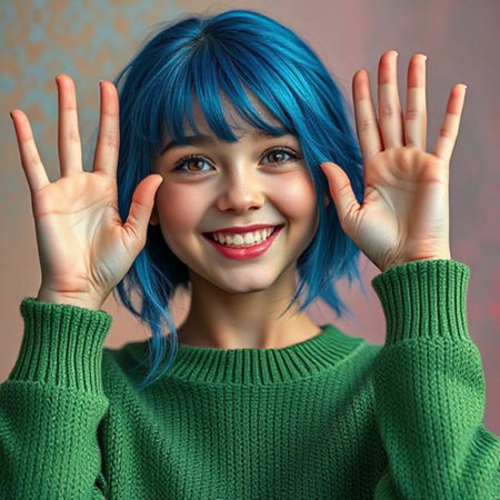 Portrait of a beautiful young woman with blue hair and green sweaterの素材