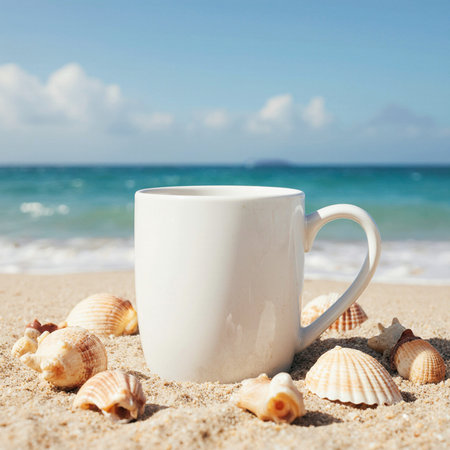 Cup of coffee and seashells on the beach. Vacation conceptの素材