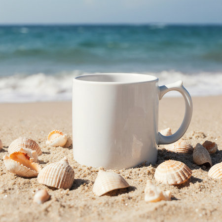Cup of coffee and seashells on the beach, closeupの素材