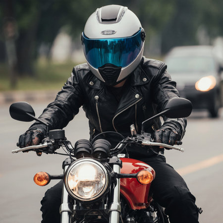 Motorcycle rider in black leather jacket and helmet on the road.の素材