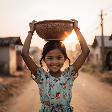 Little Asian girl holding a clay pot and smiling at sunset.の素材