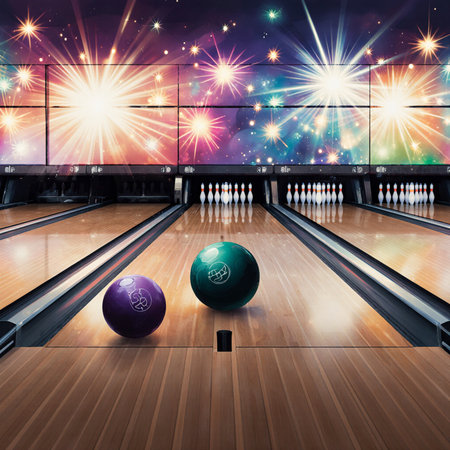 Bowling ball in the center of the bowling alley with lights effectsの素材