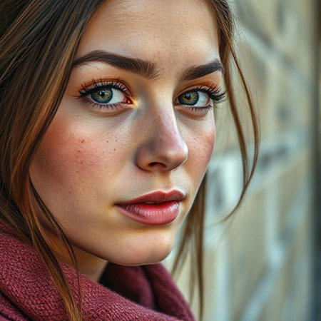 Close up portrait of a beautiful young woman with green eyes and red lipsの素材