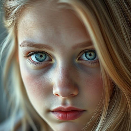 Close-up portrait of a beautiful young girl with blue eyes.の素材