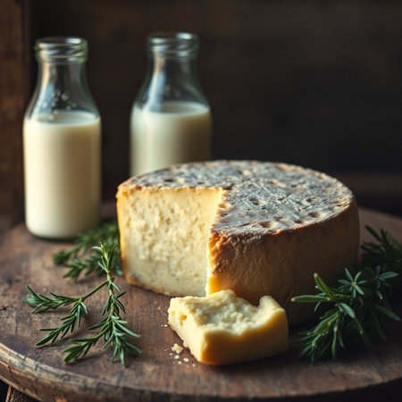 Cheese collection, milk and rosemary on rustic wooden backgroundの素材