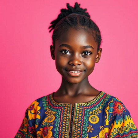 Portrait of beautiful African American little girl on pink backgroundの素材