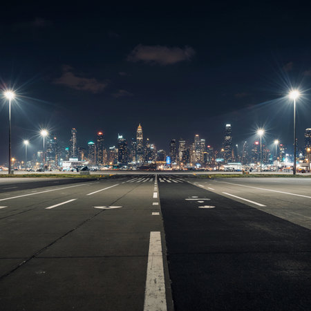 empty asphalt road with modern city skyline in Shanghai at nightの素材