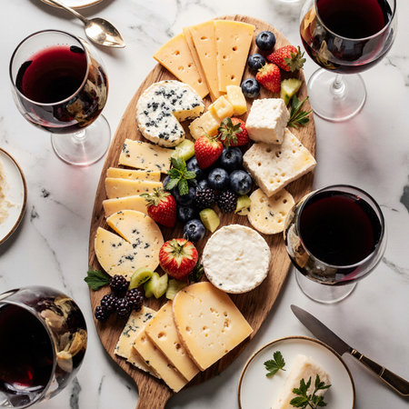 Cheese platter with different types of cheese, grapes and fruitsの素材