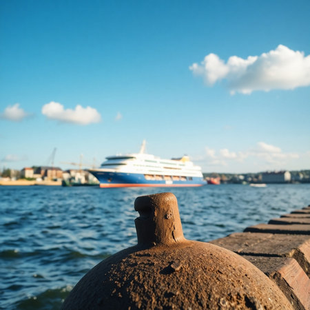 Bollard and cruise ship in the port of Amsterdam, Netherlandsの素材