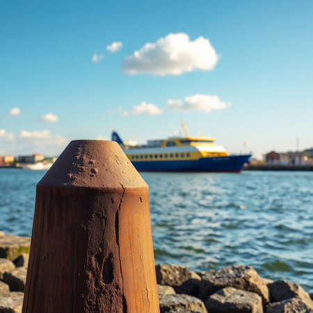 Bollard on the background of the sea and a cruise shipの素材