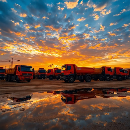 Dump trucks on the road with beautiful sky at sunset background.の素材
