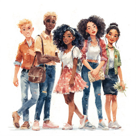 Group of young people in casual clothes. Watercolor hand drawn illustrationの素材
