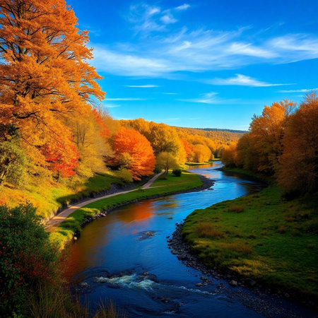 Autumn landscape with river and colorful trees. Colorful foliage on the banks of the river.の素材