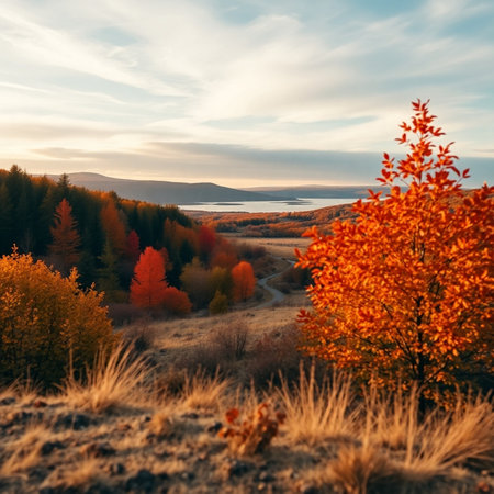 Beautiful autumn landscape in the mountains. Colorful trees on the hillside.の素材