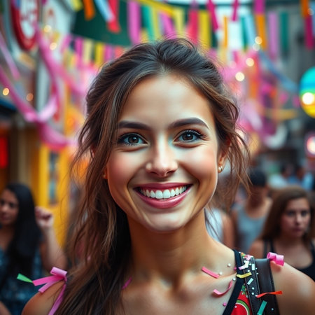 Portrait of a beautiful young woman smiling at the camera in the streetの素材