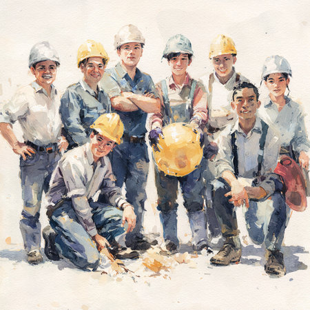 Team of construction workers with hard hats and helmets. Watercolor paintingの素材