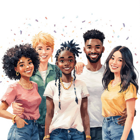 Group of happy young people standing together. Isolated over white background.の素材