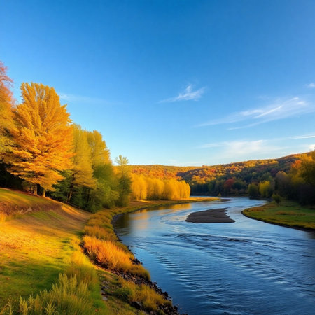 Beautiful autumn landscape with river and blue sky. Colorful autumn landscape.の素材