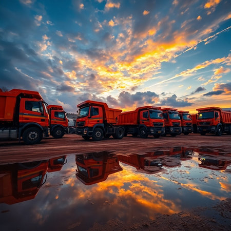 Cargo trucks on the road at sunset with reflection in the waterの素材