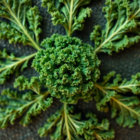 Curly kale leaves on dark background. Top view. Selective focus.の素材