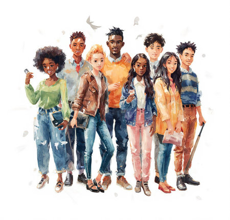 Portrait of a group of young people. Watercolor illustration.の素材