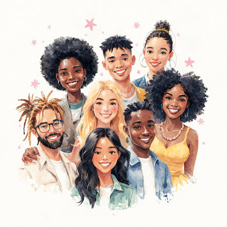 Portrait of group of diverse smiling people. Hand drawn illustration.の素材