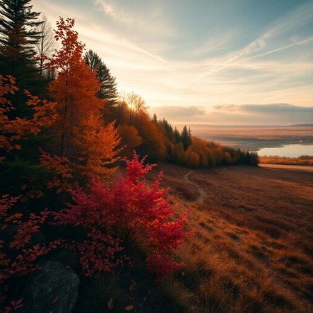 Autumn landscape. Colorful trees on the hillside at sunset.の素材
