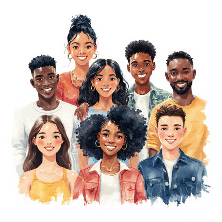 Group of diverse people. Hand drawn illustration isolated on white background.の素材