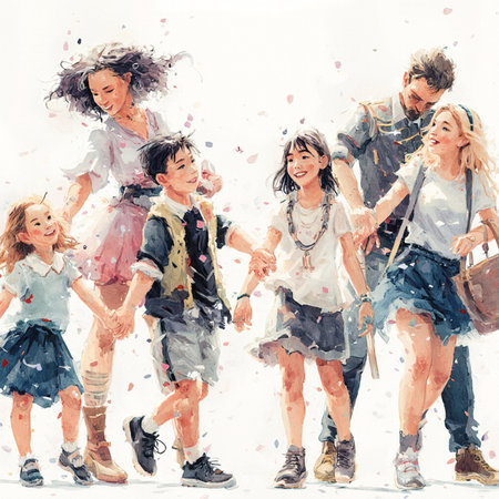 Children Friendship Togetherness Smiling Happiness Concept Watercolor Illustration.の素材
