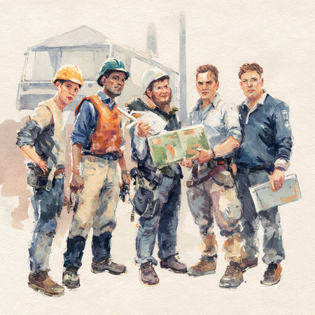 Watercolor illustration of a group of construction workers on a construction siteの素材