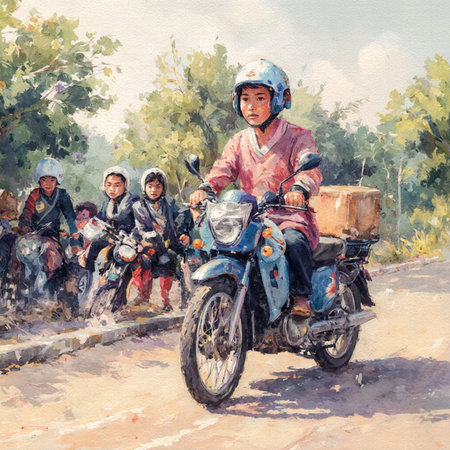 Watercolor painting of a man riding a motorbike in the streetの素材