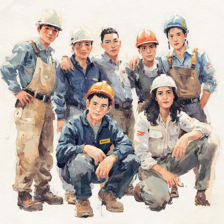 Oil painting of a group of construction workers sitting on the ground.の素材