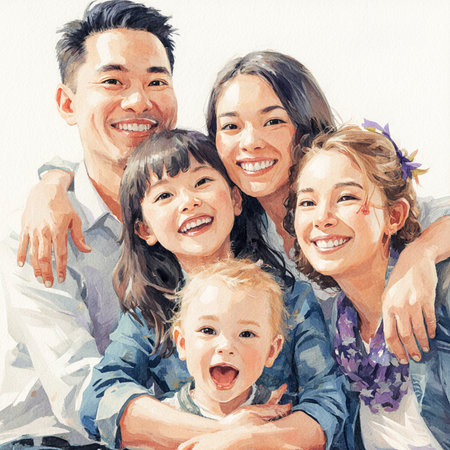 Portrait of a happy family with children. Watercolor illustration.の素材