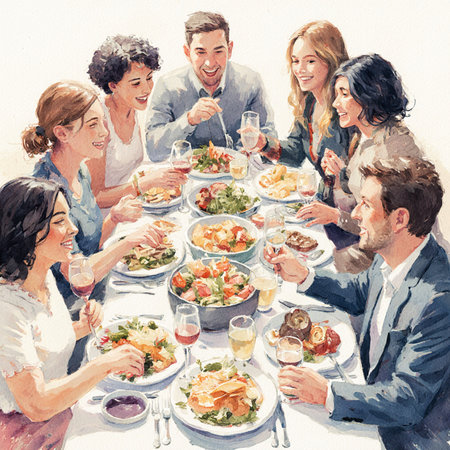 Diverse Group of People Dining Together Conceptual Illustration.の素材