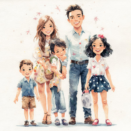 Happy family with children. Watercolor illustration on a white background.の素材