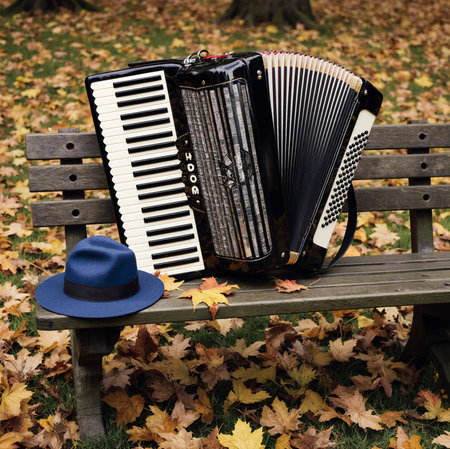 Accordion and hat on a bench in the autumn park.の素材