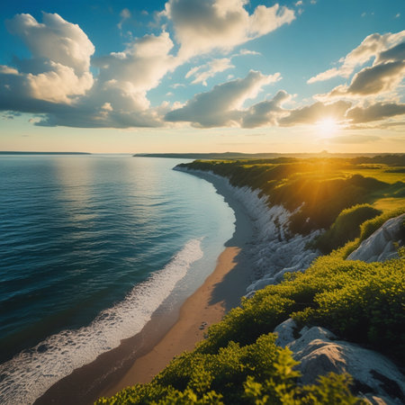 Aerial view of beautiful sandy beach and sea at sunset. Beautiful summer landscapeの素材