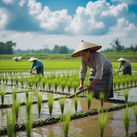 Farmer planting rice seedlings in a paddy field in Thailandの素材