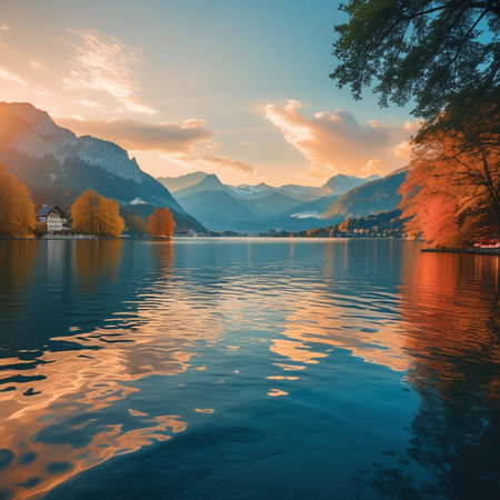 Fantastic view on Hallstatt lake at sunset, Salzkammergut, Austriaの素材