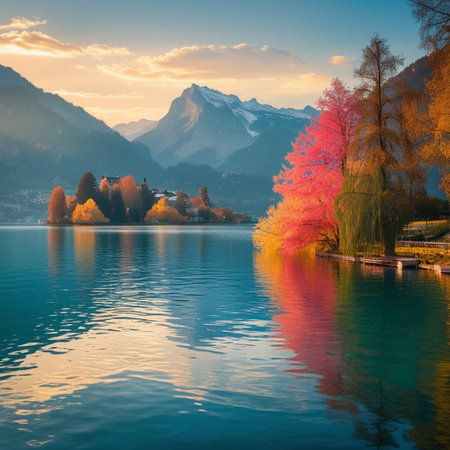 Colorful autumn landscape at the lake Brienz, Switzerland.の素材