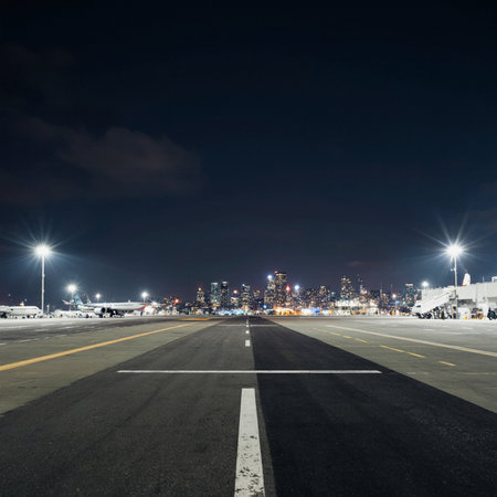 empty runway with cityscape of hangzhou qianjiang new city at nightの素材